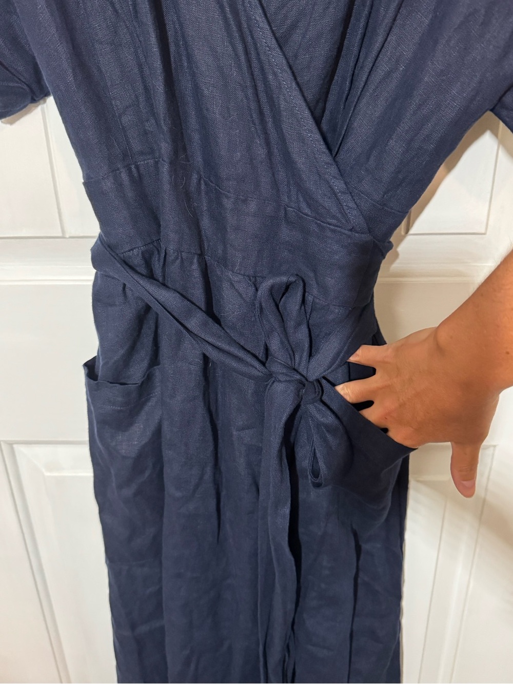 Grae Cove Navy Linen Wrap-Style Pocket Midi Dress - Picture 6 of 10